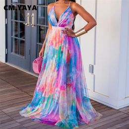 CM.YAYA Women Long Dress Print Strap V-neck Loose A-line Dresses Female Vintage Elegant Party Vestidos Sexy Fashion Clothes Fall 220516