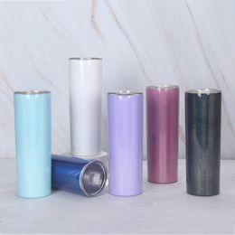 20oz Sublimation Straight Skinny Tumbler Glitter White Blank Skinny Cup with lid straw Stainless steel vacuum shimmer water bottle 6 colors