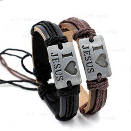 I Love Jesus Bracelets ID Tag Leather Rope Bracelet Wristband Bangle Cuff for Men Women Fashion Jewellery Gift Will and Sandy