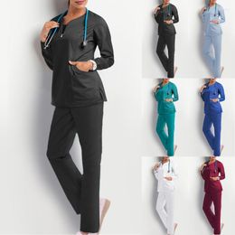 Pantaloni a due pezzi da donna Scrub Uniforme da lavoro da donna Tasca a maniche lunghe Abbigliamento medicale Top Set a due pezzi Uniformi cliniche