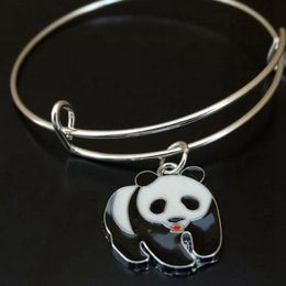 panda bracelets UK - Adjustable Expandable Wire Cuff Bangle Vintage Silver Enamel Panda Crystal beads Charms Bracelet Jewelry Punk Hip Hop Gift Bijoux Crafts Accessories