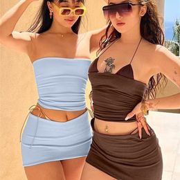 Tawnie Summer Y2K Skirt Set Women Casual Backless Strapless Crop Tops Mini Skirt Two Piec Set Beach Outfits CoOrd Sets 220704