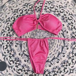 Pink Glitter Bikini Set Women Fashion Swimwear Swimsuit Bandage Sexy Bling Bathing Suits Sexy pad Tow-piece Solid Colours Simple Style