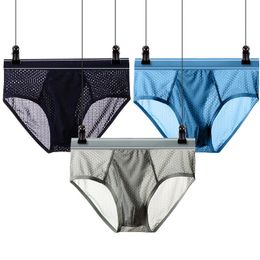 Underpants Large Size Men Breathable Sexy Briefs Underwear Male U Bulge Penis Pouch Mesh Holes Panties Cuecas Ice Silk Quick Dry UnderpantsU