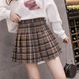 Women's Plaid Pleated Woollen A-line Mini Skirt High Waist Sweet Female Short s Winter Autumn Girls Preppy Style 220401