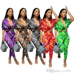 Women Shirt Pants Outfits Designer Tracksuits Wave Printed Lace Up Crop Top Leggings Matching Two Piece Skinny Suit