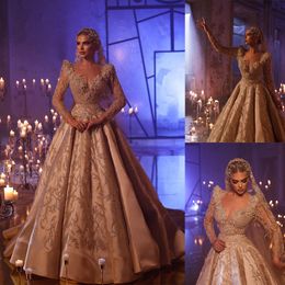 Glitter Elegant Ball Gown Wedding Dresses Long Sleeves V Neck Sequins 3D Lace Appliques Beads Lace Ruffles Floor Length Bridal Gowns Plus Size robes de soiree
