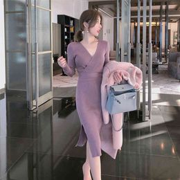 JXMYY Autumn style Hepburn style sexy wrap arm slim slimming split long sleeve bottoming purple knitted dress female autumn 210412