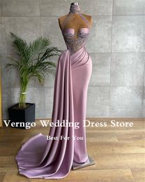 ribbon prom dresses Australia - Gorgeous Lilac Mermaid Evening Dresses High Neck Satin Applique Beads Pleats Long Prom Dress Dubai Women Formal Dress 0330