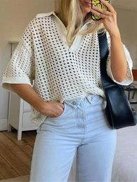 Women's T-Shirt Women's Hollow Out Cropped Tops Loose Casual Solid V-Neck Short -sleeved Shirts 2022 Summer Elegant Chic Female T -shirt