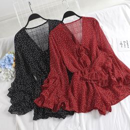 Women V-Neck Flare Sleeve Polka Dot Rompers Jumpsuits Casual Bohemian Slim High Waist Lace Up Bandage Ruffles Chiffon Playsuits