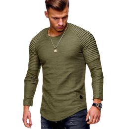 Men's T-Shirts 2022 Brand Men's Solid Color Slim Fit Round Neck Long Sleeve T-Shirt Fashion Shoulder Pleated Sports T-ShirtMen's