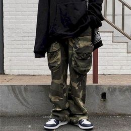 Men Women Camouflage Cargo Pants Loose Straight Trousers Washed Old Street Hip-hop Elastic Casual Cool Guy Streetwear Ins Women's & Capris