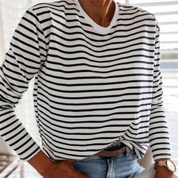 Women Fashion Black And White Striped Blouse Shirt Casual Long Sleeve O neck Soft Korean Ladies T Autumn 220728