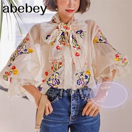 French Retro Embroidery Flower Shirt Female Design Lace Up Bow Puff Long Sleeve Blusas Holiday Beach Loose Blouse 47262 T200608
