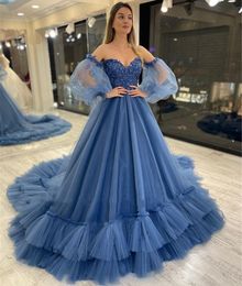 Puff Long Sleeves Lace Evening Dresses with Appliques Sweep Train Lace-up Back Tulle Formal Prom Gowns