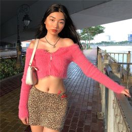 Women Knits Tees spring autumn knitted sweater girl pink furry one-shoulder zipper jacket mink knitwear solid Colour cardigan tops fashion short knitting shirt