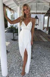 Women's Beach Boho Summer Long Dress Fashion Floral Strap Dress Solid White V-neckline Elegant Ankle-Length Dress Robe Femme G220510