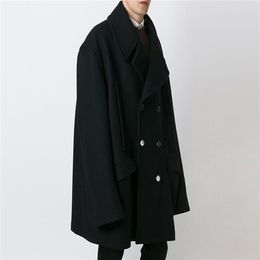 Men s Mauni coat super loose oversize coat mid length double breasted large lapel black LJ201110