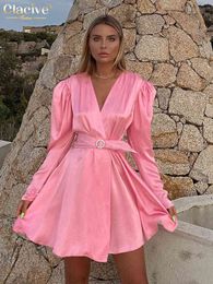 Clacive Sexy Pink Satin Mini Dress Ladies Autumn V-Neck Long Sleeve Belt Bodycon Dress Elegant Slim Party Dresses For Women 2022 T220804