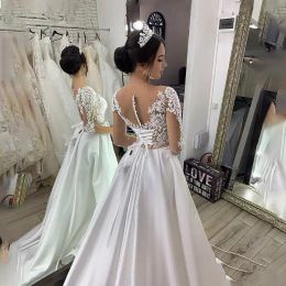 Gorgeous Lace Applique Wedding Dresses Bridal Gown Sweep Train Scoop Neckline A Line Corset Back Long Sleeves Satin Ruched Pleats Garden Vestidos De Novia 403 403