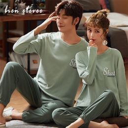 Pijama de casal Set Sleepwear Momen Mulheres Algodão Pijama Manga Longa Sleepshirt Casa Pijamas Round Neck Nightwear Lounge Wear 201105