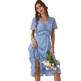 Women Casual Dresses Short Sleeve Ruffle Layer Sexy V Neck Print Swing Midi Dress