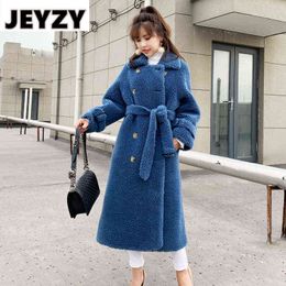 Long Warm Fluffy Faux Fur Trench Coat for Women 2021 Double Breasted Faux Fur Teddy Jacket Female Winter Clothing with Belt 3XL T220810