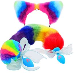 Nxy Anal Toys Fox Rabbit Tail Plug Cute Ears Headbands with Silicone Metal Butt Erotic Cosplay Adult Game Sex Toy for Couples 220510