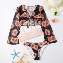 3PCS Girl Swimsuit Kids with Cover Up Sun Flower Print Bikini Set Two Piece Children's Swimwear 7-14Y s Bathing Suits 220426