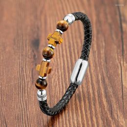 Charm Bracelets Brand Natural Stone Cross Beaded Bracelet Men Women Stainless Steel Fashion Leather Rope Tiger Eye JewelryCharm Lars22