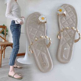 Slippers Flower Pearl Female Summer Flip Flops Wear Beach Holiday Style Fairy Flat Sandals and Slipper 220530