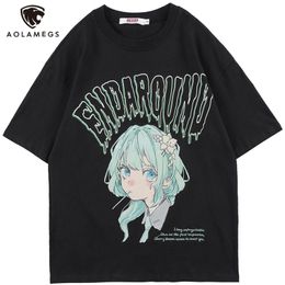 Aolamegs T-shirt Men Green Hair Girl Cartoon Anime Printed O-Neck Streetwear Japanese Harajuku Fashion Tops Men Clothing Summer 220513