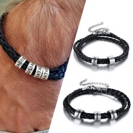 Personalised Mens Leather Bracelet with Custom Beads Braid Black Name Charm Bracelet for Men with Family Names