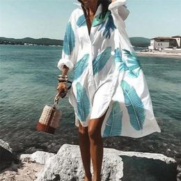 Women Dresses Summer Turn-down Collar Casual Print Long Sleeve Button Shirt Dress Loose Beach Party Vestidos Robe Blouse 220426