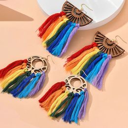 Cutout Wood Round Weave Macrame Dangle Earrings Summer Bohemian Cotton Thread Fan Fringe Tassel Earrings Jewelry Gift Wholesale