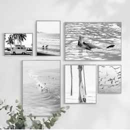 black poster art Canada - Paintings Painting Surfing Coastal Decor For Living Room Surf Poster California Wall Art Black And White Ocean Print Beach Canvas