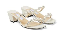 Summer Amara Women Sandal Pearl Brap Slippers Croky Heels Mule Square Toe Lady Pumps Dress Wedding Eu35-40.box