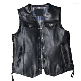 Men's Vests Motorcycle Mens Biker Leather Vest Male Goatskin Genuine Sleeveless Jackets V Neck Adjustable Black Sheepskin Waistcoat Guin22