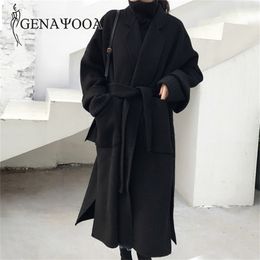 Genayooa Winter Elegant Wool Blend Women Korean Style Black Long Coats Vintage Minimalist Woolen Overcoat Camel Oversize 2020 LJ201109