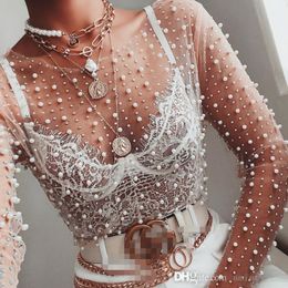 2022 Women Shirt Sexy Perspective Lace Shirt Female Tops Bright Diamond Beads Long Sleeve Top Mesh Tee Fall Clothing