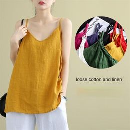 Women's Tops Spaghetti Strap Camis Cotton Linen V Neck Loose Tank Tops Sleeveless Linens Loose Casual Women Summer Camisole 220407