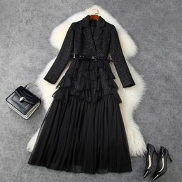 Casual Dresses 2022 Autumn Winter Women Black Dress Ruffles Mesh Patchwork Tweed Notched Collar Long Sleeve Elegant Sexy Blazer