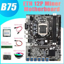 Motherboards BTC Mining Motherboard 12 USB G630 CPU RGB Fan DDR3 4GB 1600Mhz RAM 128G SSD Switch Cable SATA MotherboardMotherboards