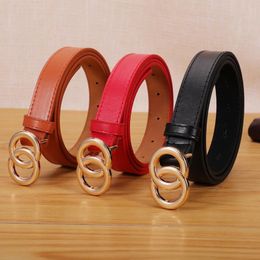 Belts Ladies Double Round Buckle Leather Belt Fashion Casual PU Luxury Design Brand High Quality Tunic Dress Jeans 2.3cm