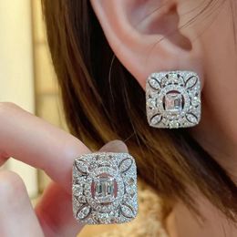 Ins Top Sell Stud Earring Vintage Jewelry 925 Sterling Silver T Princess Cut White Topaz CZ Diamond Gemstones Party Hollow Women Wedding Earring For Lover Gift