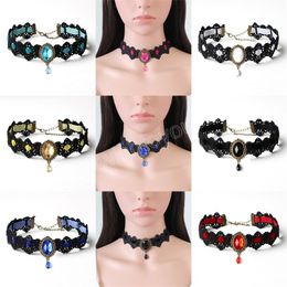 Choker Necklace For Women Black Lace Chunky Chain Colorful Gemstone Collar Necklaces Retro Women's Jewelry