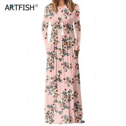 Women Long Sleeve Maxi Long Dresses Femme Summer Floral Printed Aline Dress Female Boho Beach Sundress Pockets Plus Size GV083 T200604