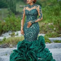 Dark Green Long Sleeve Mermaid Africa Evening Dresses Sequins Lace Ruffle Formal Evening Gowns Sheer Neck Zipper Back Prom Dress DHL Fast