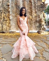 Pink Elegant Prom Dress Appliques Beading V-Neck Sleeveless Spaghetti Straps Sexy Mermaid Gowns Graduation Party Evening Dresses For African Women
